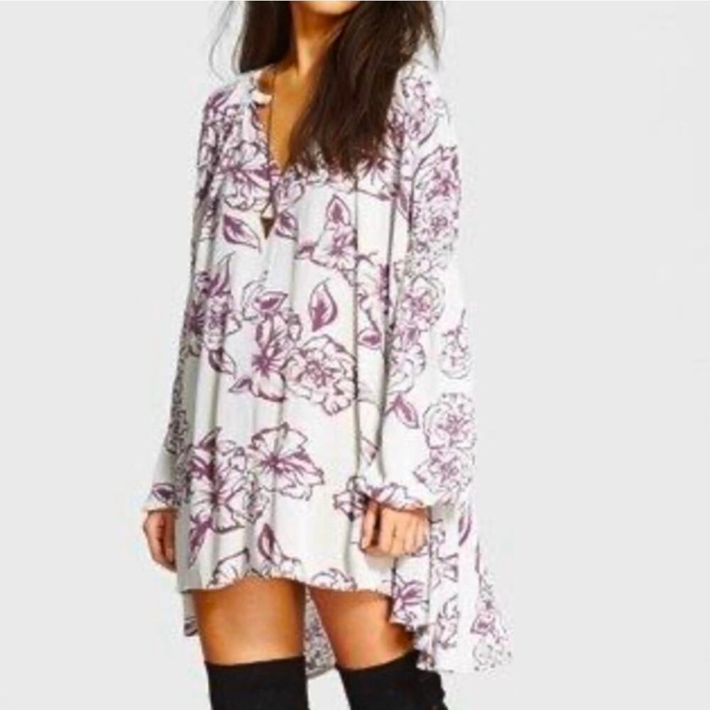 Boho Chic Free People Snap Out Of It Mini Swing Dress Size M Purple Floral Full
